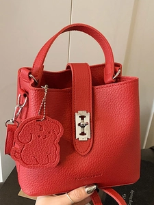 Women Korean Style PU Litchi Pattern Bucket Bag With Puppy Charm Metal Lock Handheld Shoulder Crossbody Bag Minimalist Tote