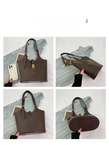 Detailed views of the coffee brown faux leather tote bag with a golden turn-lock closure