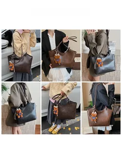 Collage of large capacity tote bags in coffee and black with cute bear charms