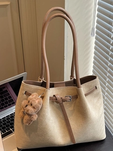 Large Capacity Vintage PU Suede Texture Tote Bag For Women Simple Underarm Shoulder Bag Fashion Commuter Handbag With Charm