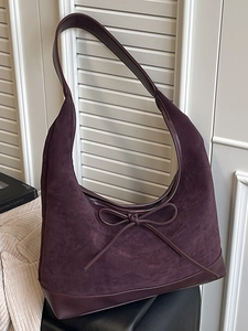 Women Large Capacity Polyester Tote Bag Vintage Patchwork Suede Look Hobo Shoulder Bag With Bow Detail Casual Commuter Bag