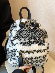 Mini Sac à Dos en Peluche pour Femmes Fausse Laine d'Agneau Imprimé Léopard Motif Géométrique Nœud Mignon Petit Sac