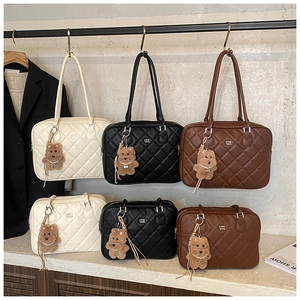 Quilted tote bags in black, brown, and beige with cute teddy bear charms