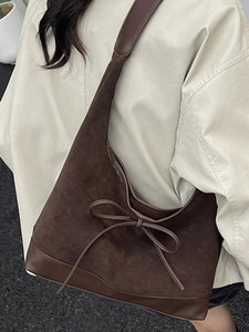 Retro dark brown large capacity tote bag with suede texture and bow decoration