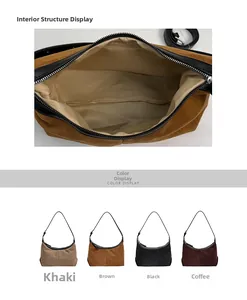 Detail view of suede crescent bag showing internal zip pocket and four color options