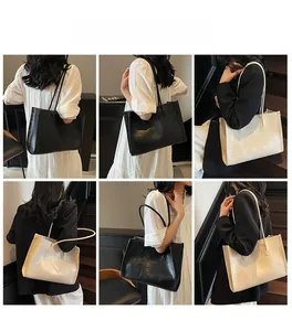 Collage of model carrying black and beige minimalist faux leather tote bags in modern interior