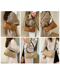 Detail shots of minimalist suede crossbody hobo bags in dark brown and beige tones
