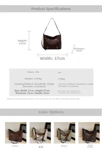 Detailed size specifications and color options for the large PU leather tote shoulder bag