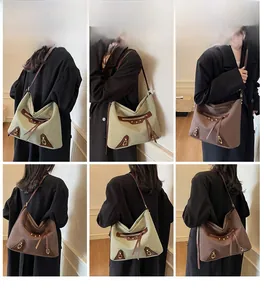 Detailed model views of olive and brown large hobo bags with tassel and zipper details