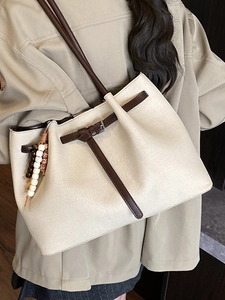 Vintage large capacity tote bag with brown straps and boho wooden bead charm