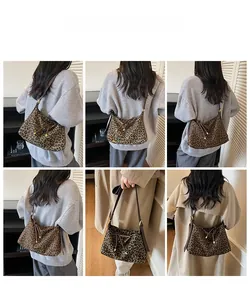 Detailed views of leopard print crossbody bag with adjustable dark brown shoulder straps
