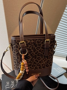 Women Leopard Print Bucket Bag Small PU Leather Handbag With Beaded Charm Vintage Shoulder Crossbody Bag For Daily Commute
