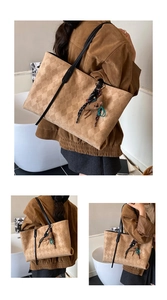 Close-up of camel tote bag with diamond quilted texture and cute bear pendant detail