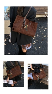 Detail view of large brown suede tote bag with diamond pattern and cute plush charm