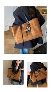 Macro shot of brown suede tote bag featuring quilted patterns and a cute bear charm