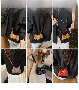 Collage showing different colors of quilted chain micro crossbody bags on models