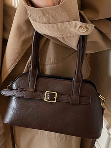 Minimalist brown retro shoulder bag with golden buckle and sleek PU leather texture
