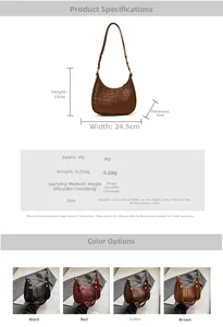 Detailed view of crescent woven PU leather shoulder bag with dimensions and multi-color options