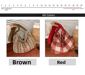 Detail view of large checkered plush tote bags in brown and red plaid wool fabric
