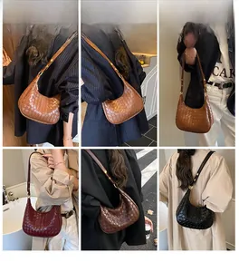 Detailed views of French woven crescent hobo bags in four colors with gold hardware