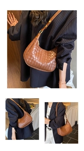 Detailed view of brown woven leather hobo bag with adjustable strap and textured finish
