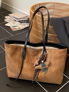 Brown quilted faux suede large tote bag with bear charm for women office commuting