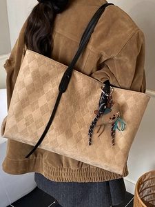 Brown suede tote bag with diamond lattice pattern for daily autumn office commute