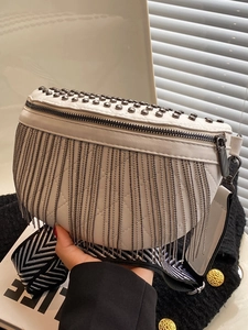 Women Fashion Quilted PU Leather Shoulder Bag With Rivets And Metal Chain Tassel Wide Strap Crossbody Chest Waist Bag Fashion