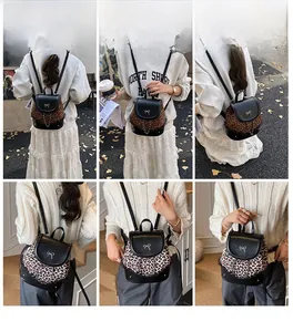 Collage d'un mini sac à dos à imprimé léopard avec nœud argenté sous plusieurs angles de vue