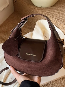 Women Retro Suede Patchwork Shoulder Bag Vintage Crescent Hobo Underarm Bag Minimalist Commuter Crossbody Bag Heart Charm