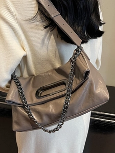 Retro grey leather chain pillow bag with metal handle and shoulder strap for women