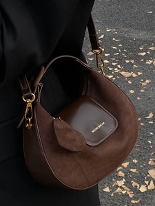 Retro dark brown crescent shoulder bag in suede and leather with gold hardware