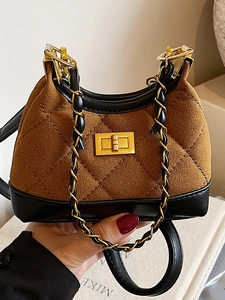 Vintage Quilted PU Leather Chain Crossbody Bag For Women Fashion Small Square Shoulder Underarm Bag With Gold Lock
