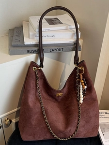 Sac Cabas Rétro en Cuir PU Texture Daim pour Femmes Grande Capacité Sac à Épaule Minimaliste Avec Pendentif en Perles de Bois Quotidien