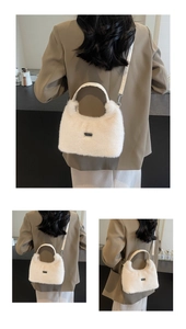Detail showing plush faux fur texture with metallic logo and adjustable crossbody strap