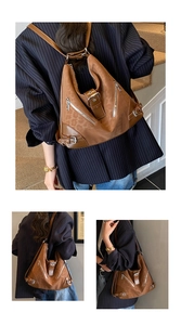 Detail showing brown leopard print patchwork on multi-pocket backpack with silver zippers
