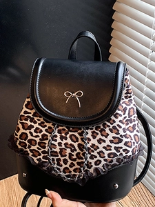 Sac à Dos Femme Mode Imprimé Léopard Cuir PU Patchwork Sac Seau Nœud Chaîne Métal Dentelle Grande Capacité Décontracté