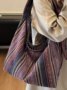 Bohemian striped canvas tote bag with large capacity and thick ethnic woven fabric