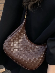 Elegant deep brown woven leather hobo bag for women with minimalist half moon crescent design