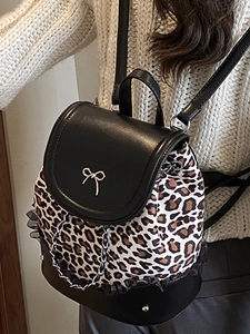 Sac à dos tendance imprimé léopard pour femme avec boucle nœud et dentelle