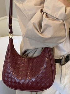 French style woven leather hobo bag in deep burgundy with adjustable strap