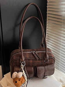 Vintage Plaid Woolen PU Leather Splicing Shoulder Bag Women Underarm Bag With Double Front Pockets British Style Handbag