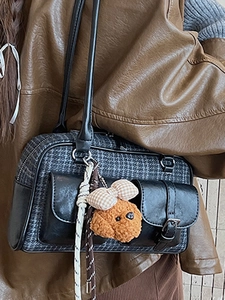 Vintage plaid Boston shoulder bag with dual pockets and brown plush bear charm detail