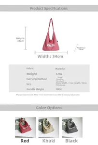 Detailed size chart of knit tote bag with MALIVI letter print and color options