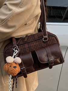 Retro plaid Boston shoulder bag with brown leather trim and a cute plush puppy charm