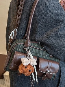 Vintage green plaid Boston bag with teddy charm and brown leather trim for women