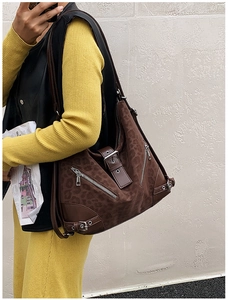 Detail of leopard print tote bag with metallic zippers and suede texture
