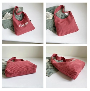Four-grid view of red checkered canvas hobo bag with MALIVI letter print detail