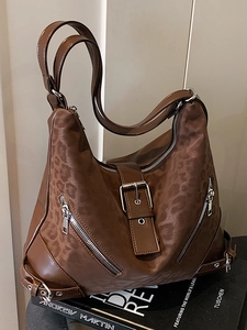 Brown leopard print large tote bag with buckle and shoulder strap in retro style