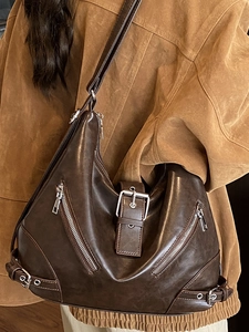 Vintage dark brown faux leather shoulder bag with silver zippers and large capacity